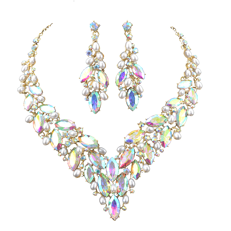Pearl Necklace Set - Delicate Golded Pearl Crystal Necklace Earring