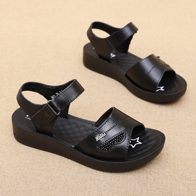 Black Leather T-Strap Peep Toe - Formal Women Daily Wear Sandals ulasan dan harga