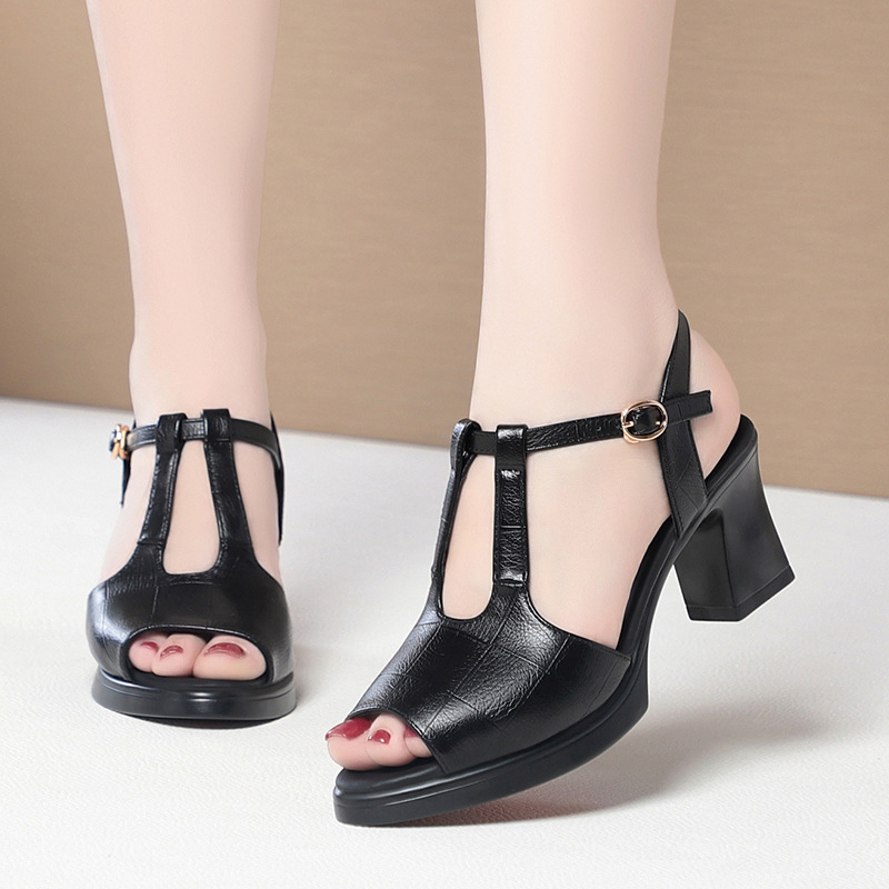 Black Leather T-Strap Peep Toe - Formal Women Daily Wear Sandals ulasan dan harga