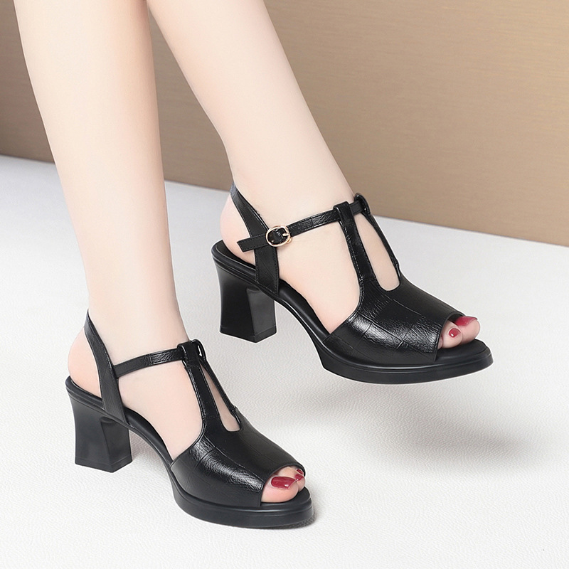 Black Leather T-Strap Peep Toe - Formal Women Daily Wear Sandals ulasan dan harga