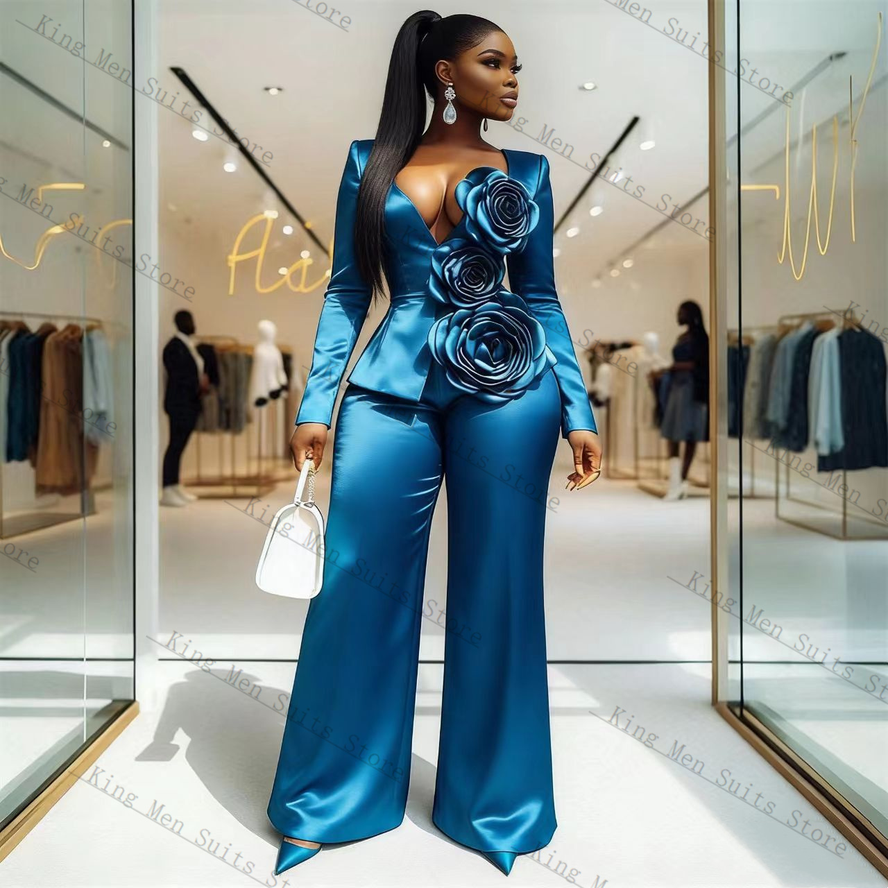Blue Satin Women Suit Set 2 Pc - Women'S Formal Wear Tuxedo ulasan dan harga